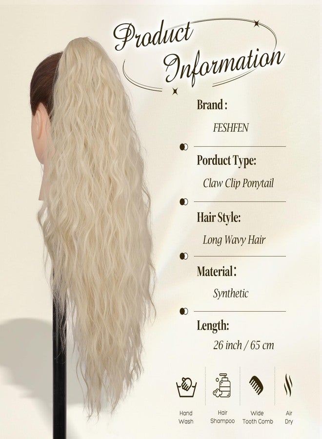 FESHFEN Claw Clip Ponytail Extensions - Long Pony Tail Hair Piece Wavy Curly Synthetic Hairpieces for Women, Platinum Blonde 26 inch - Image 5